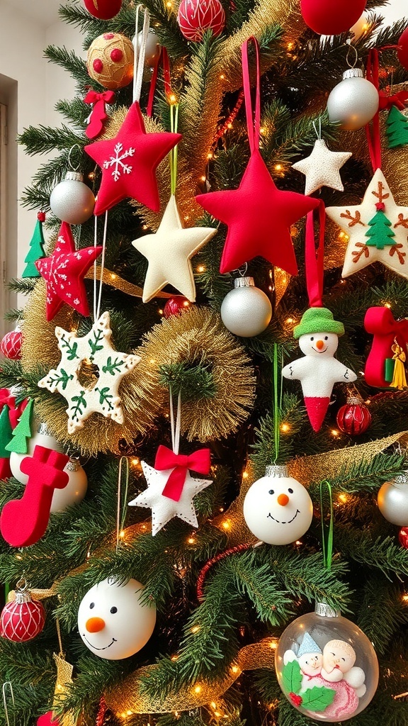 Colorful homemade Christmas ornaments hanging on a decorated tree with lights.